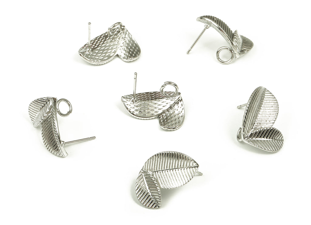 Brass Leaves Earring Stud - White Gold Leaves Post - Stainless Steel Stud - 18K Real White Gold Plated Brass - 20.9x18.31x1.82mm - RGP4022 - DOMEDBAZAAR
