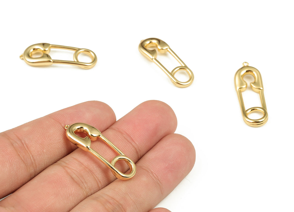 Brass Lock Pin Earring Charms - Gold Safety Pin Pendant Charm - 18K Gold Plated Brass - Jewelry Making Supplies -30.67x30.03x3.36mm- RGP4027 - DOMEDBAZAAR