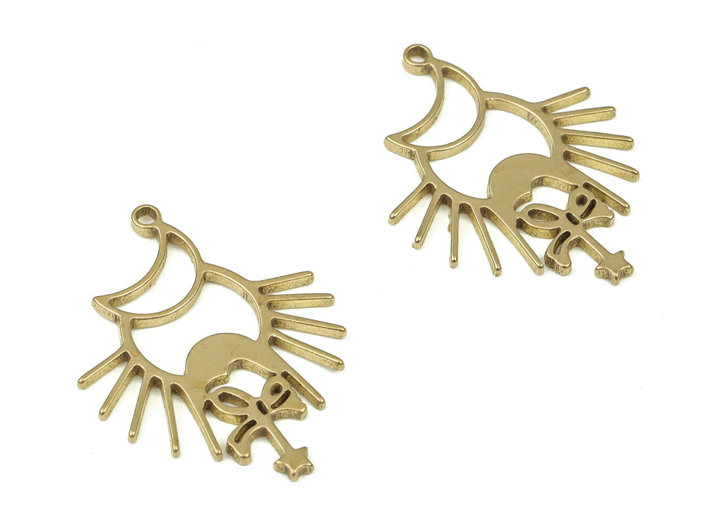 Brass Crescent Earring Charms - Raw Brass Sun Star Pendant - Earrings Finding - Jewelry Making Supplies - 23.73x18.09x1.03mm - PP4297 - DOMEDBAZAAR