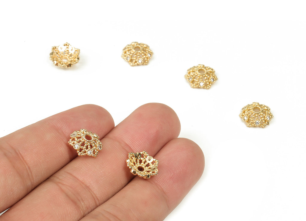 Flower Bead End Caps With Zircons - Spacer Bead Caps - 18K Gold Plated Brass Bracelet Beads Cap – Jewelry Supplies - 11.5x11x2.8mm – RGP3923 - DOMEDBAZAAR