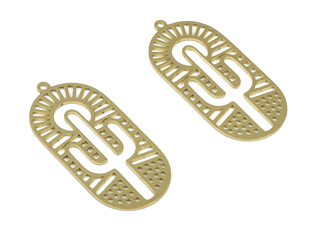 Raw Brass Oval Cactus Pendant – Brass Oval Cactus Earring Charm - Earring Findings - Jewelry Making Supplies - 35.28x16.61x0.78mm - PP4302 - DOMEDBAZAAR