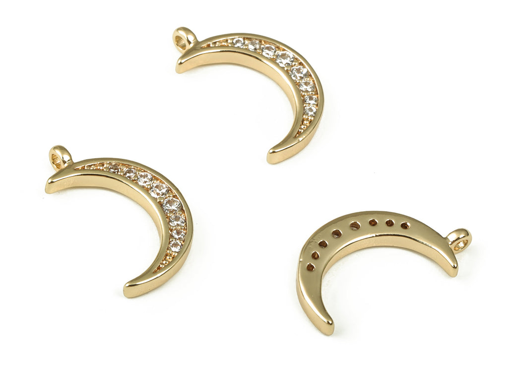 Brass Crescent Earring Charms With Zircons - Gold Moon Pendant - 18K Real Gold Plated Brass - Jewelry Supplies - 14.33x8.49x1.6mm - RGP3927 - DOMEDBAZAAR