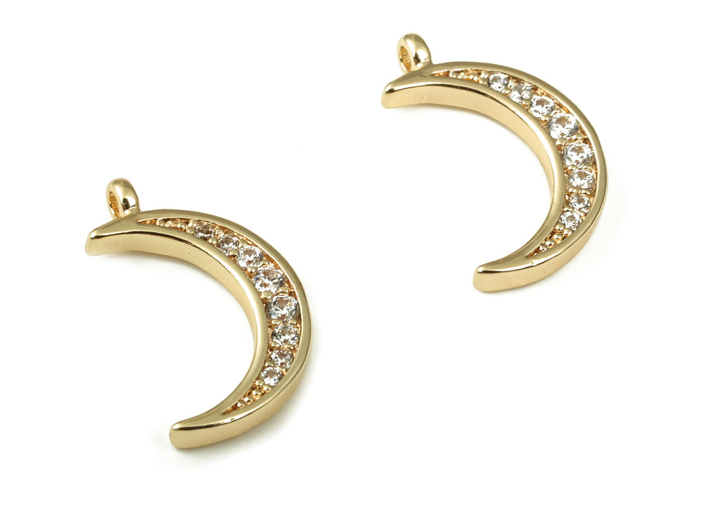 Brass Crescent Earring Charms With Zircons - Gold Moon Pendant - 18K Real Gold Plated Brass - Jewelry Supplies - 14.33x8.49x1.6mm - RGP3927 - DOMEDBAZAAR