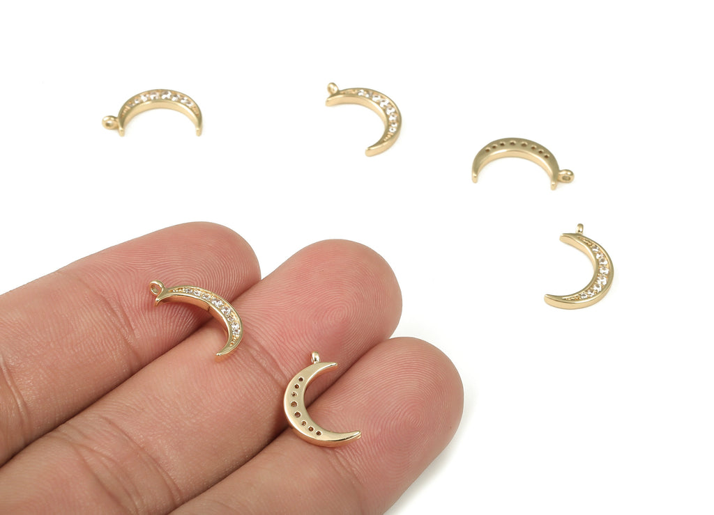 Brass Crescent Earring Charms With Zircons - Gold Moon Pendant - 18K Real Gold Plated Brass - Jewelry Supplies - 14.33x8.49x1.6mm - RGP3927 - DOMEDBAZAAR