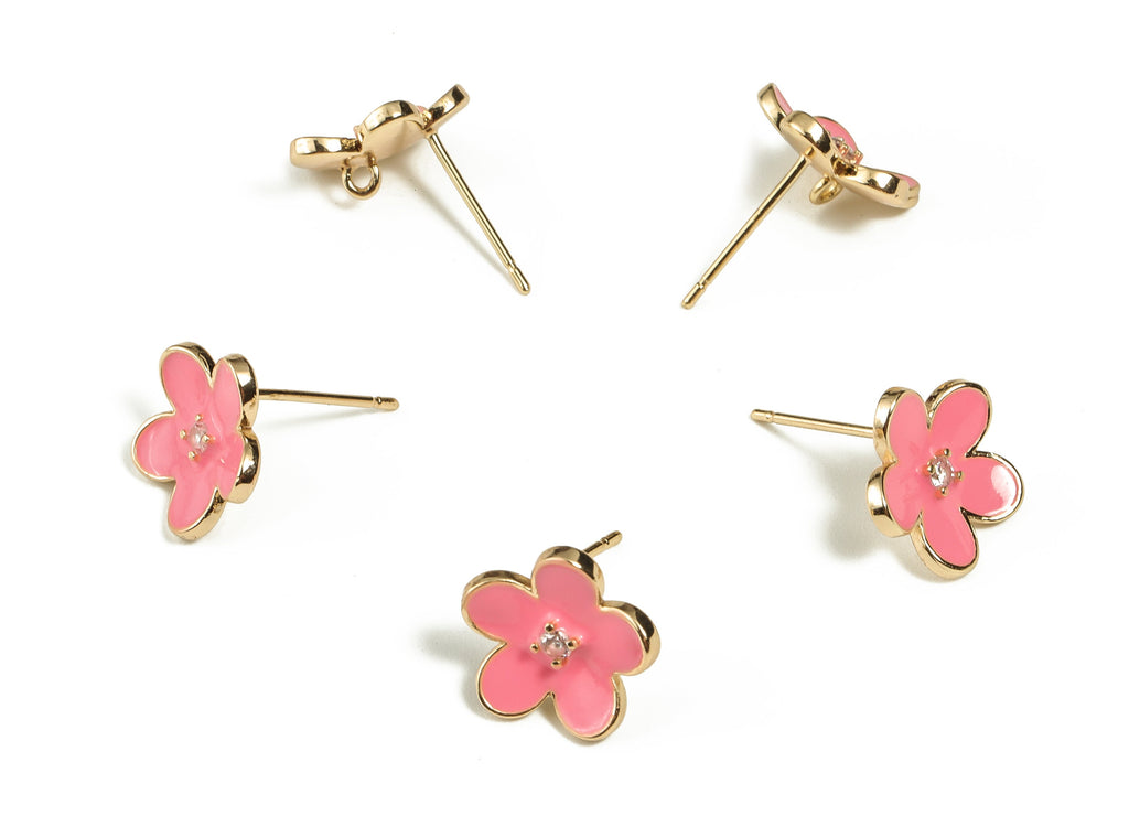 Brass Flower Stud Earring - Brass Enamel Flower Stud - 925 Silver Brass Stud with Zircon - 18K Gold Plated Brass -12.3x12.03x1.43mm- RGP3091 - DOMEDBAZAAR