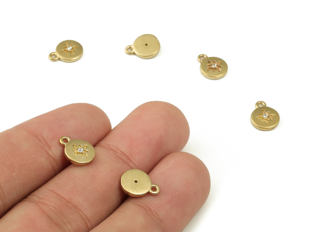 Brass Round Star Earring Charms With Zircon - Raw Brass Circle Pendant - Earring Finding - Jewelry Supplies - 10.37x7.98x2.09mm - PP4505 - DOMEDBAZAAR