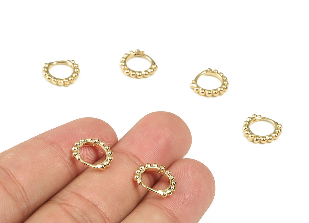 Dainty Beaded Round Huggie Hoop Earrings – Brass Hoop Small Earrings – 18k Gold Plated Round Earrings - 11.66× 11.12× 2.01mm - RGP3297 - DOMEDBAZAAR