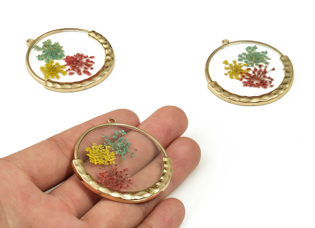 Resin Round Dried Real Flower Charm - Resin Lace Flower Pendant Charm - Gold Tone Plated Alloy - Jewelry Supplies-49.27x46.42x3.52mm- RC1186 - DOMEDBAZAAR