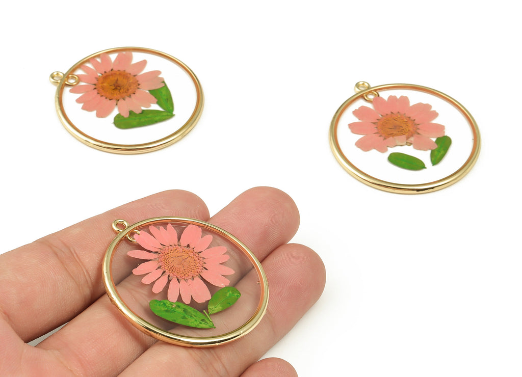 Gold Pressed Flower charms - Dried Flower Jewelry - Real Flower Charms - Resin Jewelry - Gold Tone Plated Alloy - 43.35x39.93x2.54mm- RC1181 - DOMEDBAZAAR