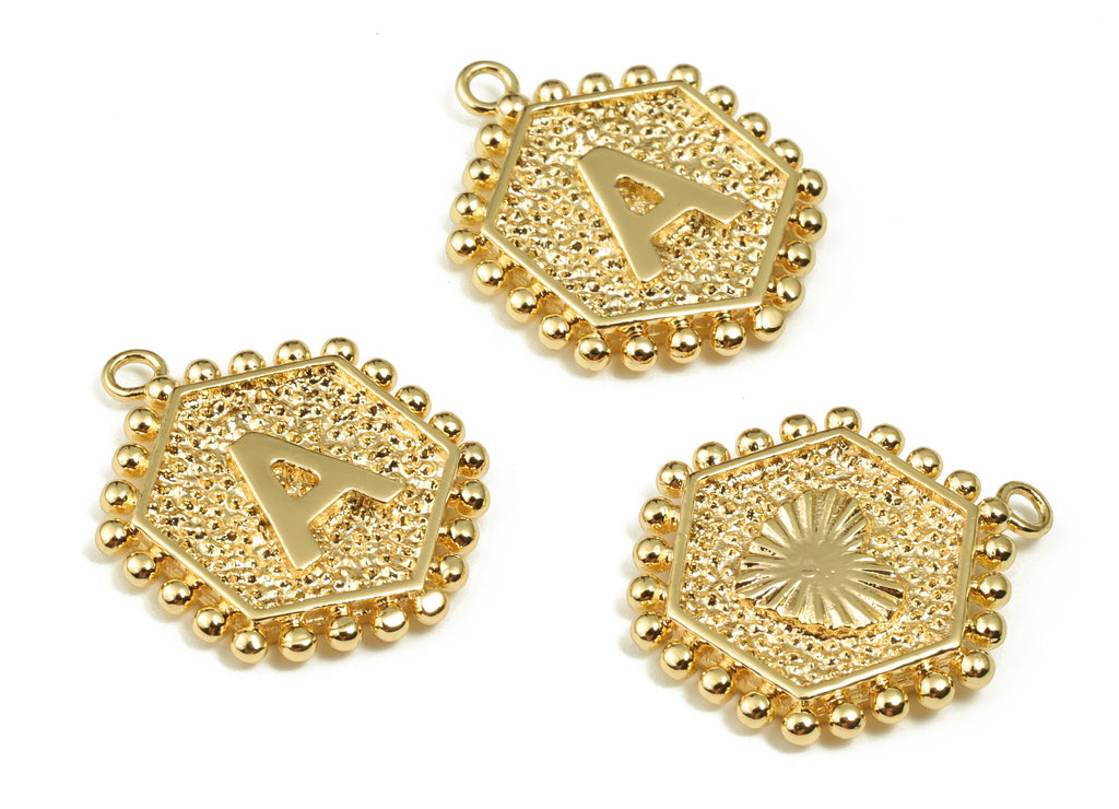 Brass Hexagon Letter A Charms - Alphabet Pendant Charm - 18K Shiny Gold Plated Initial Charm - Jewelry Supplies -19.49x16.1x2.4mm- RGP3775A - DOMEDBAZAAR