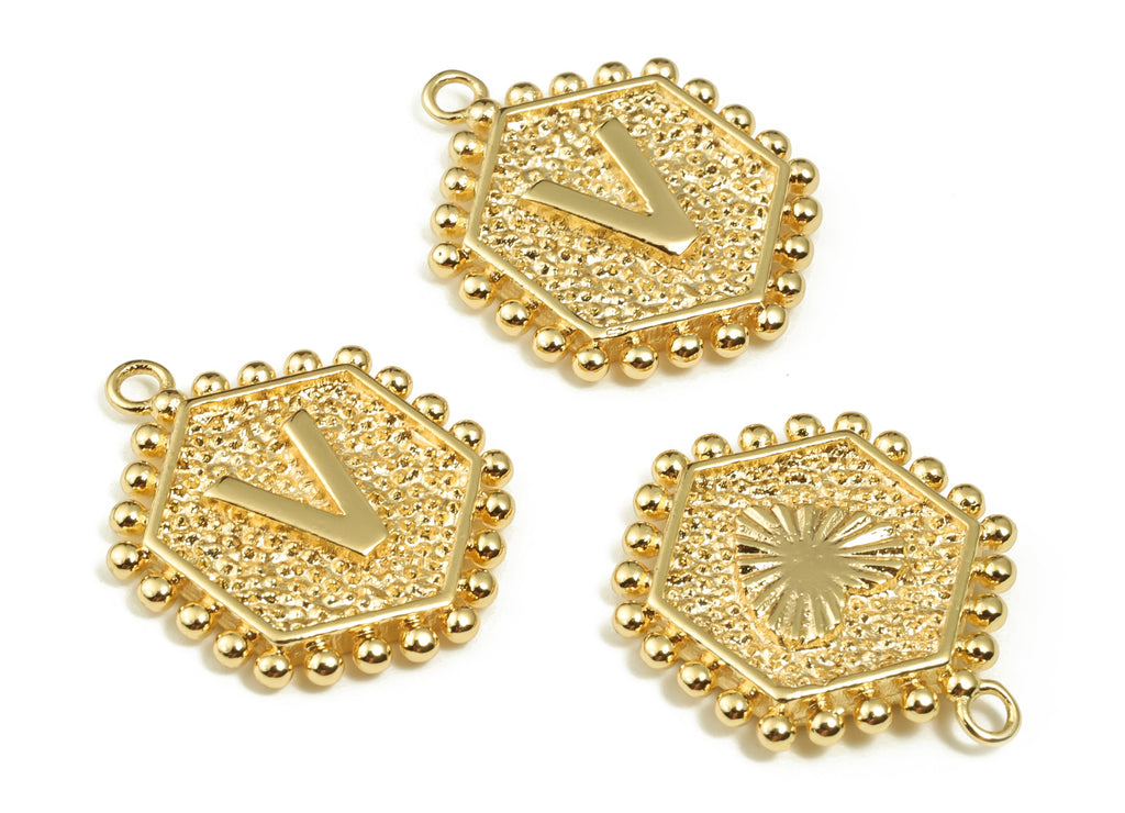 Brass Hexagon Letter V Charms - Alphabet Pendant Charm - 18K Shiny Gold Plated Initial Charm - Jewelry Supplies -19.49x16.1x2.4mm- RGP3775V - DOMEDBAZAAR