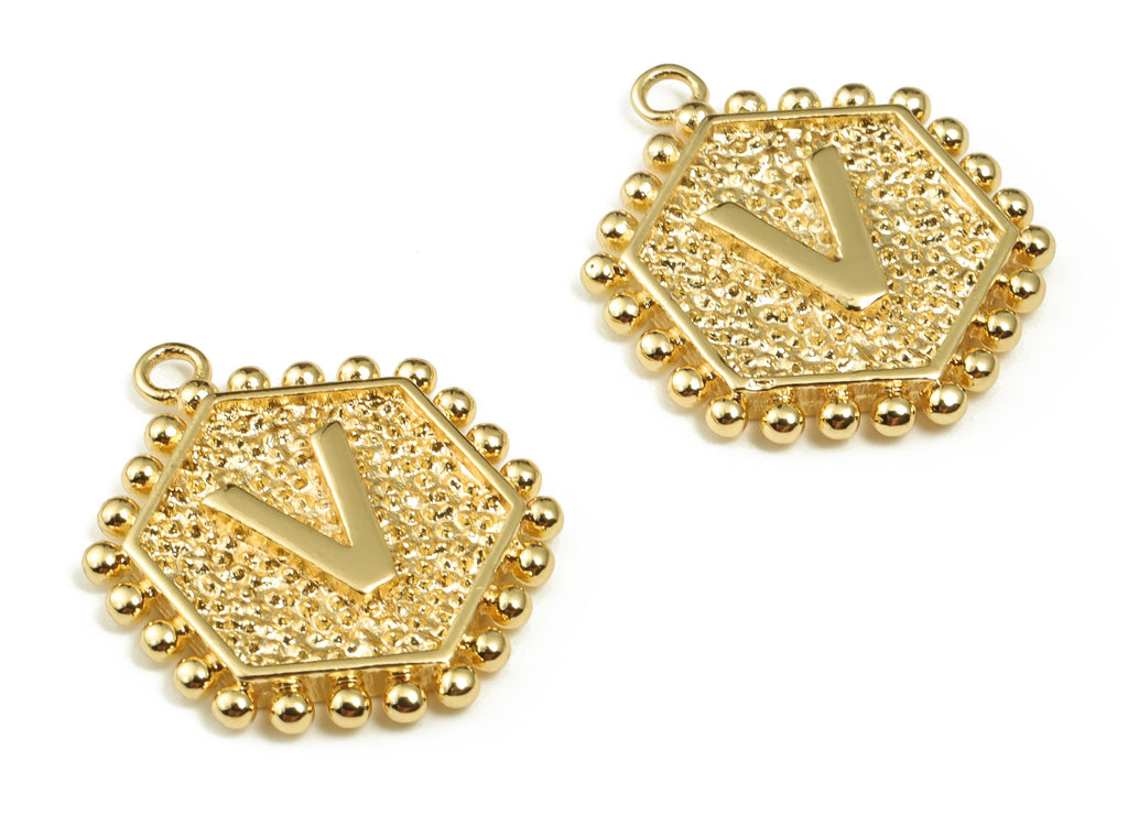 Brass Hexagon Letter V Charms - Alphabet Pendant Charm - 18K Shiny Gold Plated Initial Charm - Jewelry Supplies -19.49x16.1x2.4mm- RGP3775V - DOMEDBAZAAR