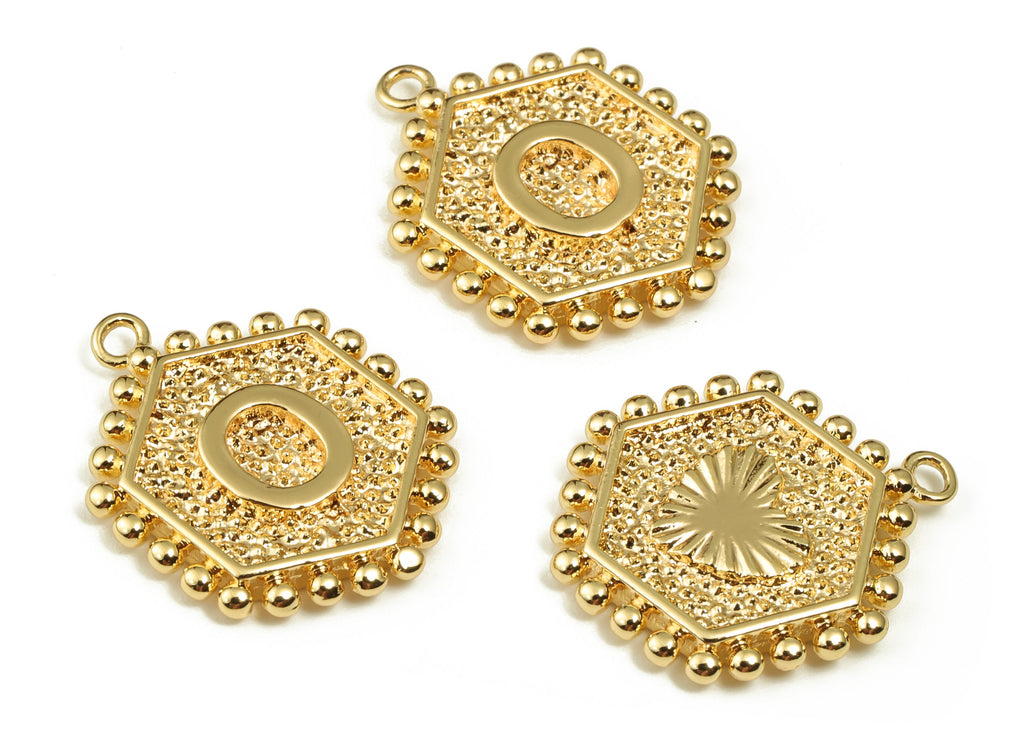 Brass Hexagon Letter O Charms - Alphabet Pendant Charm - 18K Shiny Gold Plated Initial Charm - Jewelry Supplies -19.4x15.77x2.5mm- RGP3775O - DOMEDBAZAAR