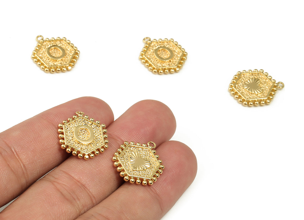 Brass Hexagon Letter O Charms - Alphabet Pendant Charm - 18K Shiny Gold Plated Initial Charm - Jewelry Supplies -19.4x15.77x2.5mm- RGP3775O - DOMEDBAZAAR