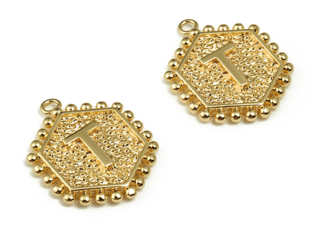 Brass Hexagon Letter T Charms - Alphabet Pendant Charm - 18K Shiny Gold Plated Initial Charm- Jewelry Supplies -19.49x16.1x2.4mm- RGP3775T - DOMEDBAZAAR