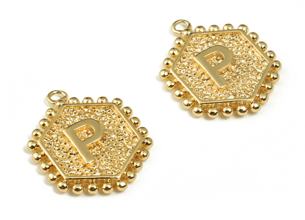 Brass Hexagon Letter P Charms - Alphabet Pendant Charm - 18K Shiny Gold Plated Initial Charm - Jewelry Supplies -19.41x15.8x2.7mm- RGP3775P - DOMEDBAZAAR