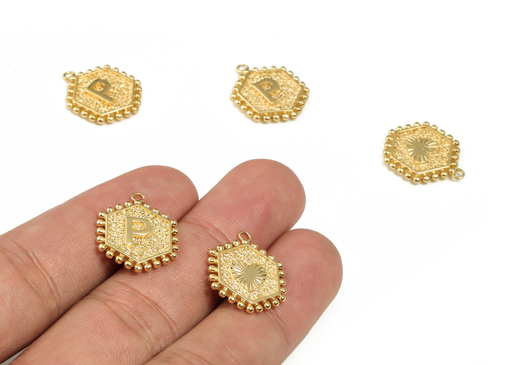 Brass Hexagon Letter P Charms - Alphabet Pendant Charm - 18K Shiny Gold Plated Initial Charm - Jewelry Supplies -19.41x15.8x2.7mm- RGP3775P - DOMEDBAZAAR