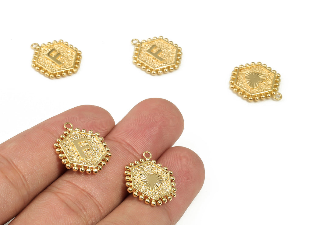 Brass Hexagon Letter F Charms - Alphabet Pendant Charm - 18K Shiny Gold Plated Initial Charm - Jewelry Supplies -19.53x15.8x2.5mm- RGP3775F - DOMEDBAZAAR