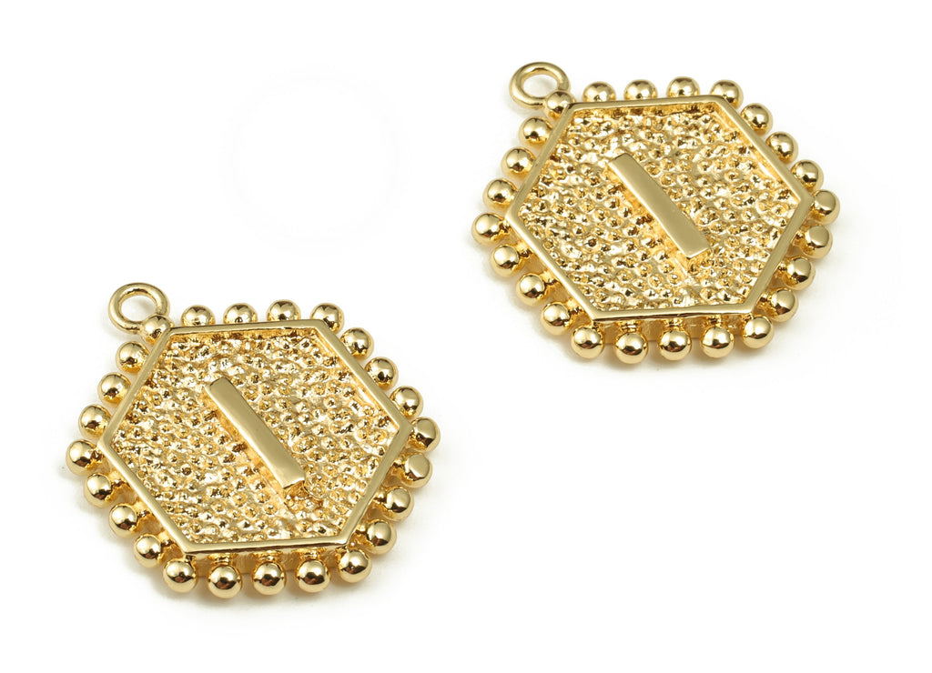 Brass Hexagon Letter I Charms - Alphabet Pendant Charm - 18K Shiny Gold Plated Initial Charm - Jewelry Supplies -19.59x15.9x2.6mm- RGP3775I - DOMEDBAZAAR