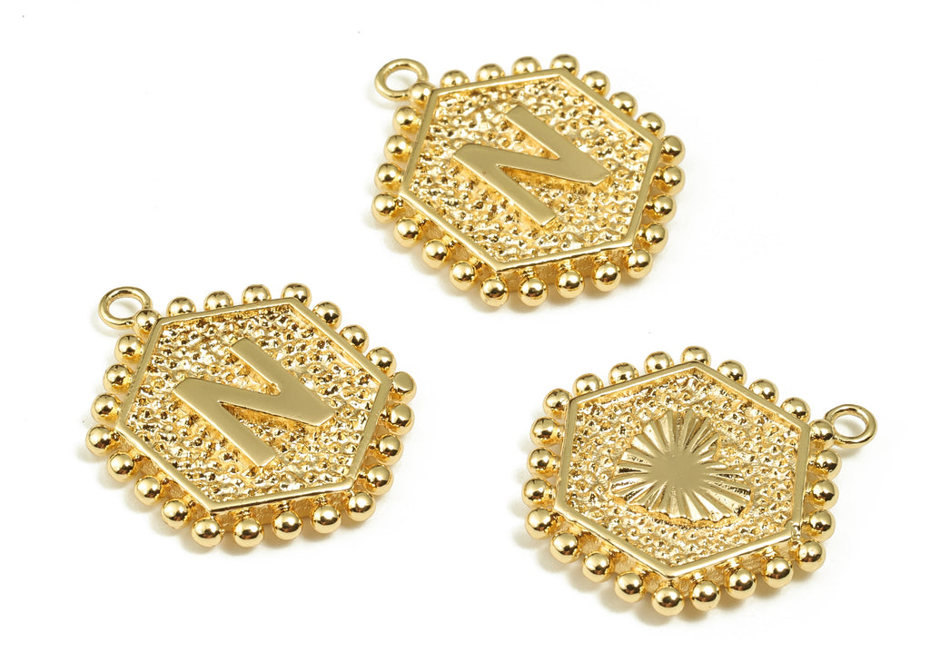 Brass Hexagon Letter N Charms - Alphabet Pendant Charm - 18K Shiny Gold Plated Initial Charm - Jewelry Supplies -19.5x15.85x2.4mm- RGP3775N - DOMEDBAZAAR