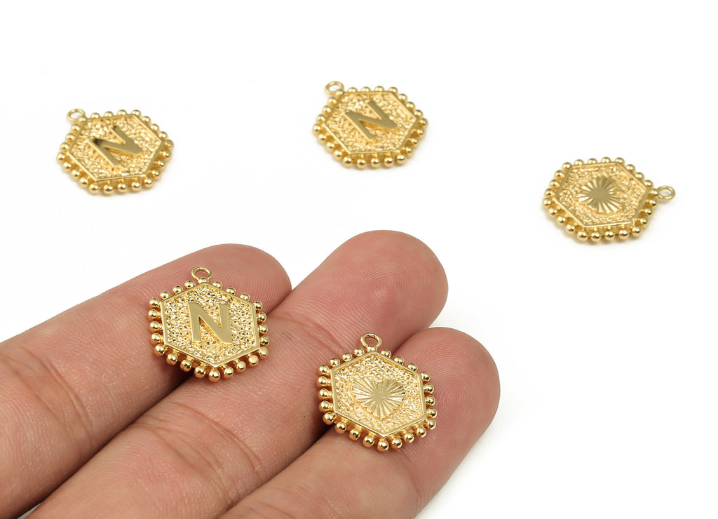 Brass Hexagon Letter N Charms - Alphabet Pendant Charm - 18K Shiny Gold Plated Initial Charm - Jewelry Supplies -19.5x15.85x2.4mm- RGP3775N - DOMEDBAZAAR