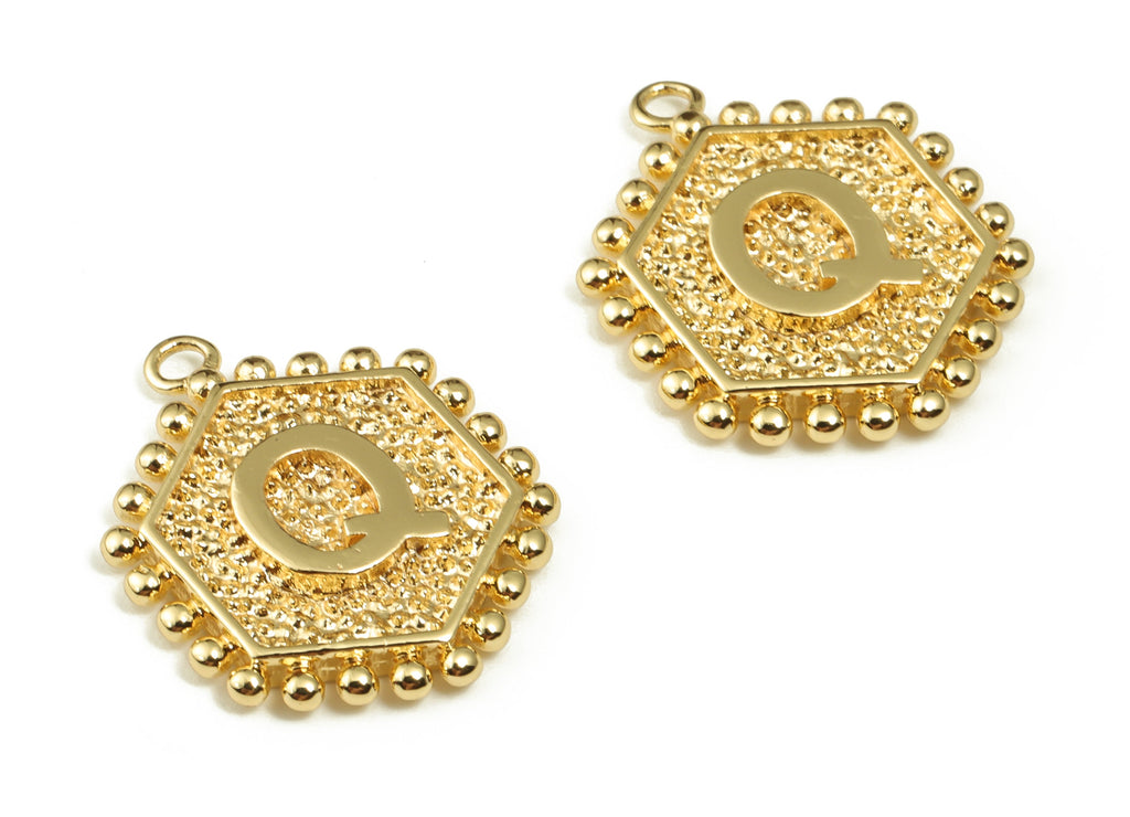 Brass Hexagon Letter Q Charms - Alphabet Pendant Charm - 18K Shiny Gold Plated Initial Charm - Jewelry Supplies -19.49x16.1x2.4mm- RGP3775Q - DOMEDBAZAAR