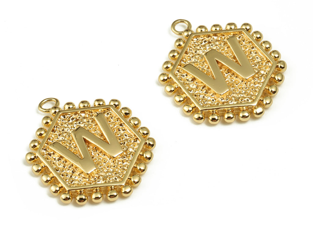Brass Hexagon Letter W Charms - Alphabet Pendant Charm - 18K Shiny Gold Plated Initial Charm - Jewelry Supplies -19.49x16.1x2.4mm- RGP3775W - DOMEDBAZAAR