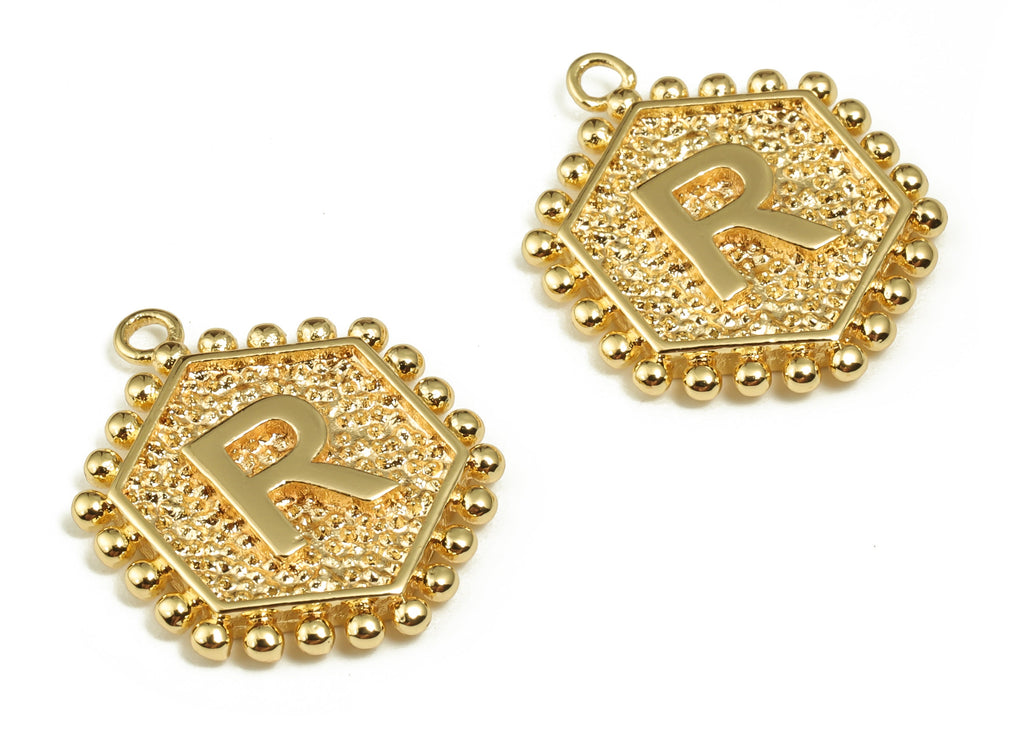 Brass Hexagon Letter R Charms - Alphabet Pendant Charm - 18K Shiny Gold Plated Initial Charm - Jewelry Supplies -19.49x16.1x2.4mm- RGP3775R - DOMEDBAZAAR