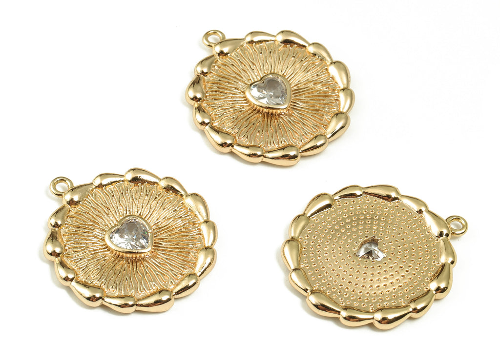 Brass Round Earring Charms With Zircons - Gold Heart Pendant - 18K Real Gold Plated Brass - Jewelry Supplies - 24.65x22.34x2.84mm - RGP3642 - DOMEDBAZAAR