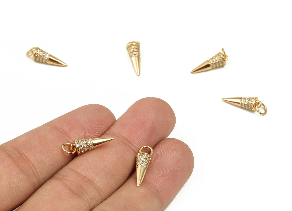 Brass Cone Earring Charms With Zircons - Gold Cone Pendant - 18K Real Gold Plated Brass - Jewelry Making Supplies - 18.4x5.2x5.2mm - RGP4007 - DOMEDBAZAAR