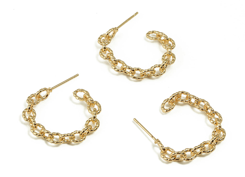 Brass Cable Chain C Earring Stud - Gold C Earring Post  - Stainless Steel Stud - 18K Real Gold Plated Brass - 23.09x22.53x4.38mm - RGP3992 - DOMEDBAZAAR