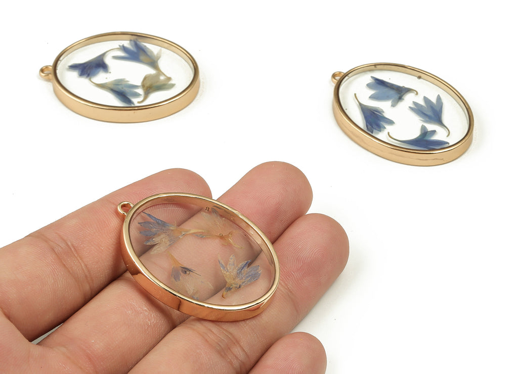 Epoxy Resin Oval Real Flower Earring Charms - Epoxy Resin Cornflower Pendant - Gold Tone Plated Alloy - 41.08x30.04x4.6mm - ZZ1872 - DOMEDBAZAAR