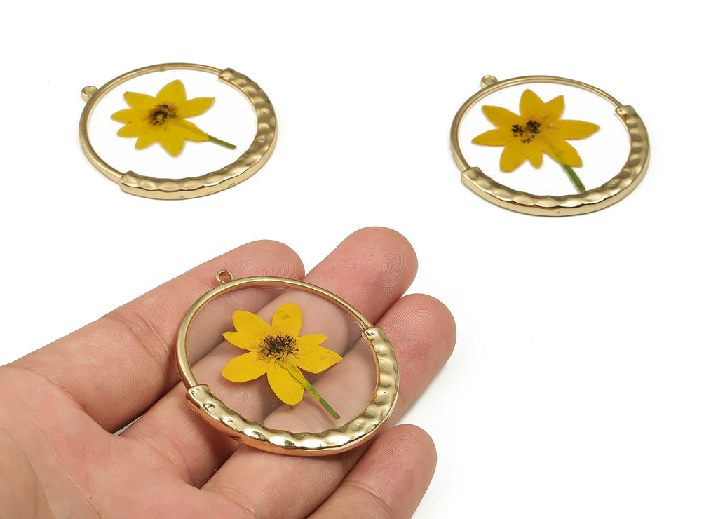 Epoxy Resin Round Real Flower Earring Charms - Epoxy Resin Chrysanthemum Pendant - Gold Tone Plated Alloy - 49.52x46.36x2.98mm - ZZ1894 - DOMEDBAZAAR