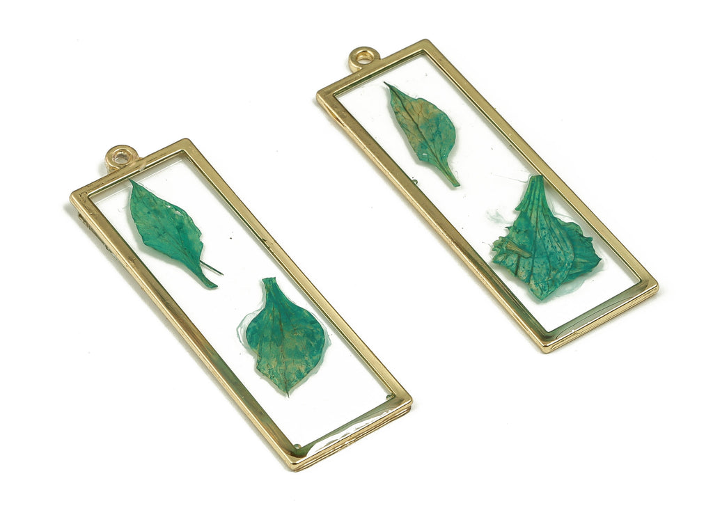 Epoxy Resin Rectangle Real Flower Earring Charms - Epoxy Resin Flat Head Seal Pendant - Gold Tone Plated Alloy - 44.92x14.72x1.57mm - ZZ1855 - DOMEDBAZAAR
