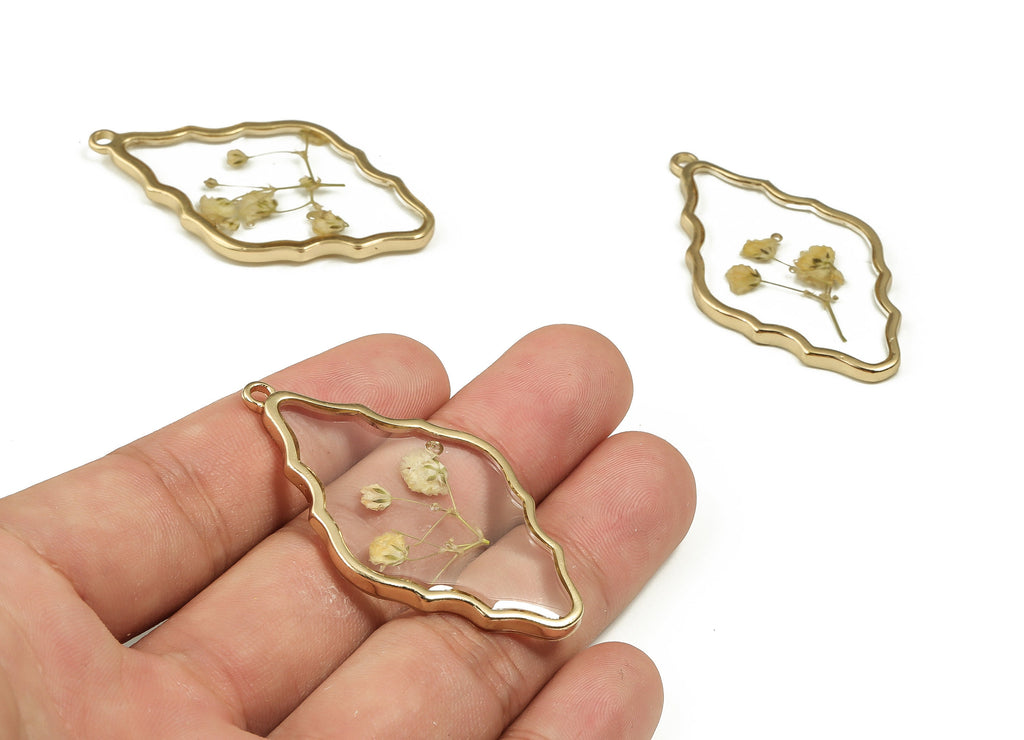 Epoxy Resin Diamond Real Flower Earring Charms - Epoxy Resin Babysbreath Pendant - Gold Tone Plated Alloy - 51.18x28.49x2.84mm - ZZ1893 - DOMEDBAZAAR