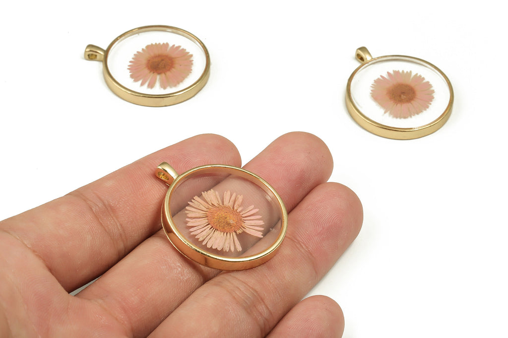 Epoxy Resin Round Real Flower Earring Charms - Epoxy Resin Needle Chrysanthemum Pendant - Gold Tone Plated Alloy - 34.79x28.9x3.9mm - ZZ1832 - DOMEDBAZAAR
