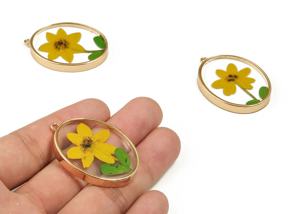 Epoxy Resin Oval Real Flower Earring Charms - Epoxy Resin Annunciator Pendant - Gold Tone Plated Alloy - 40.92x30.33x5.14mm - ZZ1883 - DOMEDBAZAAR