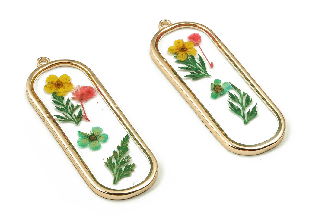 Epoxy Resin Oval Real Flower Charms - Narcissu&Babysbreath - Back Pout Leaf Pendant - Gold Tone Plated Alloy - 59.64x21.56x3.11mm - ZZ1850 - DOMEDBAZAAR