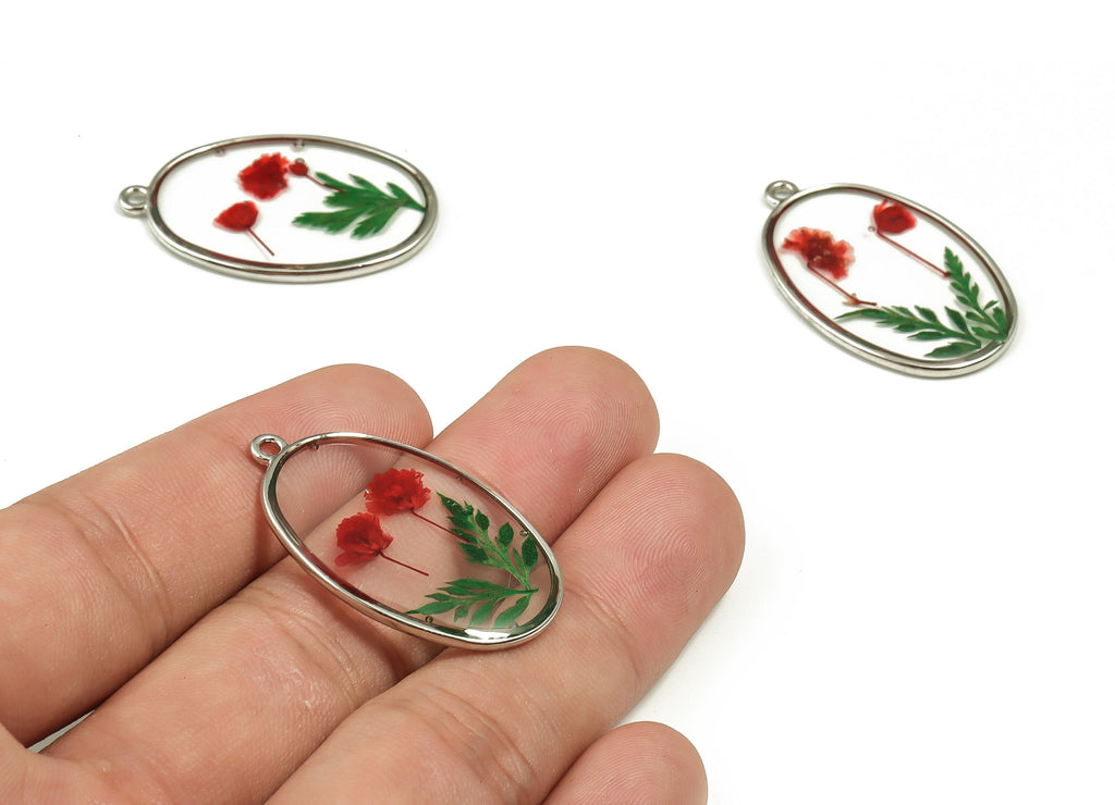 Epoxy Resin Oval Real Flower Earring Charms - Black Pout Leaf&Babysbreath Pendant - White Gold Tone Plated Alloy - 34.85x22.1x2.7mm - ZZ1839 - DOMEDBAZAAR