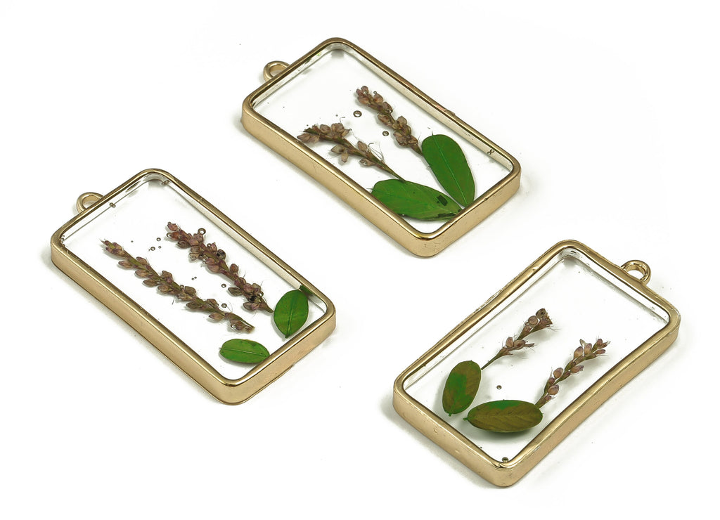 Epoxy Resin Rectangle Real Flower Earring Charms - Epoxy Resin Lavender Pendant - Gold Tone Plated Alloy - 40.56x20.62x4.31mm - ZZ1873 - DOMEDBAZAAR