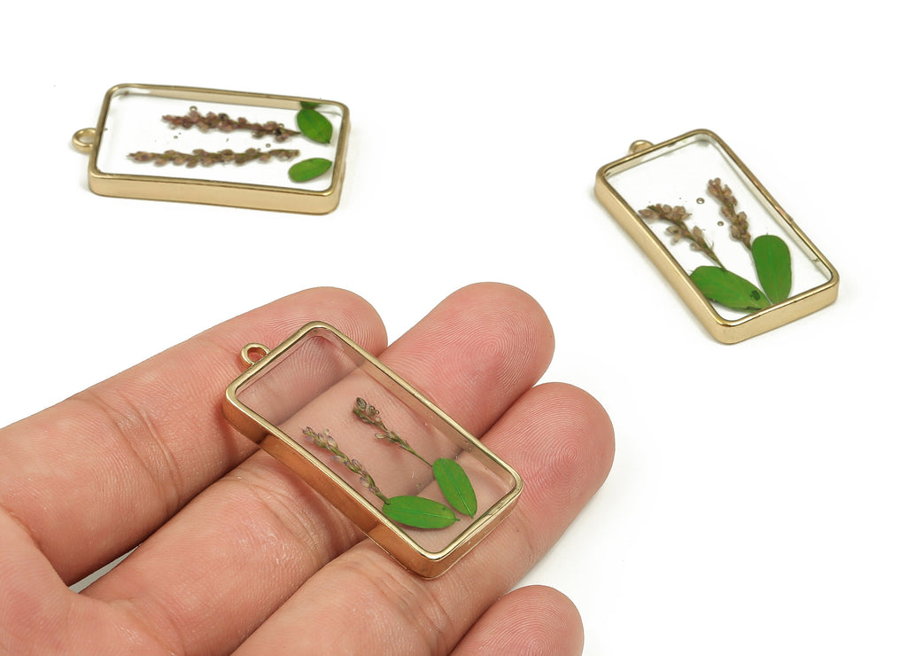 Epoxy Resin Rectangle Real Flower Earring Charms - Epoxy Resin Lavender Pendant - Gold Tone Plated Alloy - 40.56x20.62x4.31mm - ZZ1873 - DOMEDBAZAAR