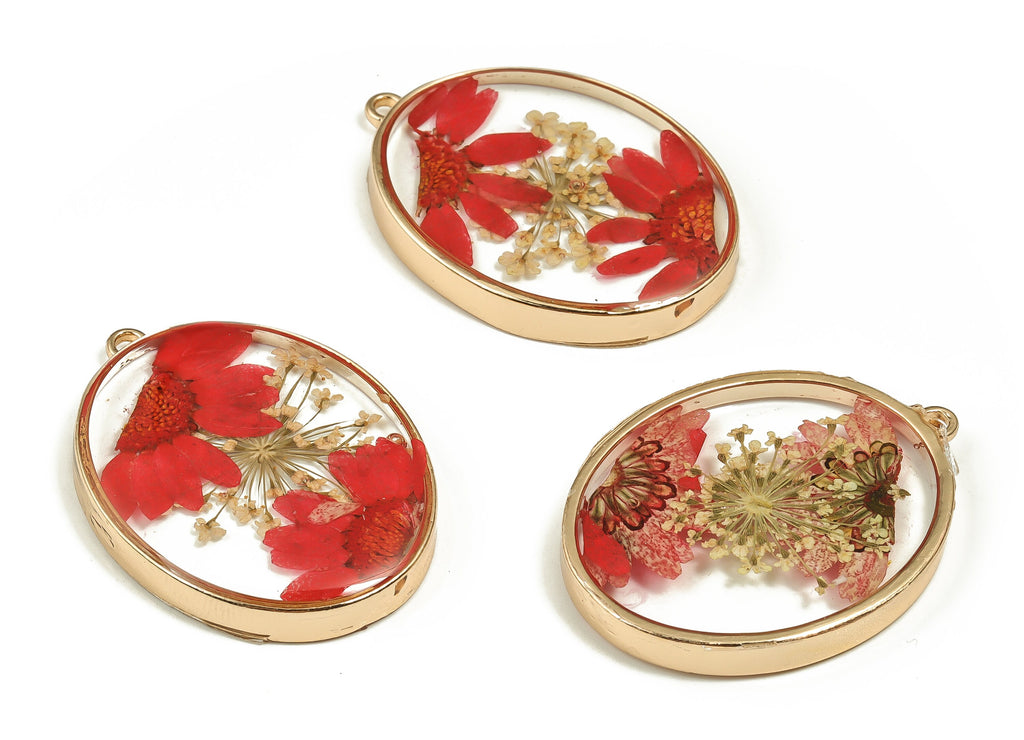 Epoxy Resin Oval Real Flower Earring Charms - Crinkle Chrysanthemum&Lace Flower Pendant - Gold Tone Plated Alloy - 41.21x30.5x4.7mm - ZZ1869 - DOMEDBAZAAR