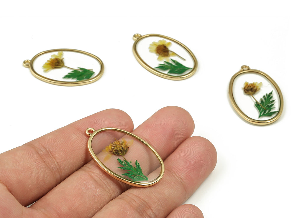 Epoxy Resin Oval Real Flower Earring Charms - Resin Sunflower&Black Pout Leaf Pendant - Gold Tone Plated Alloy - 34.95x2.17x2.17mm - ZZ1846 - DOMEDBAZAAR