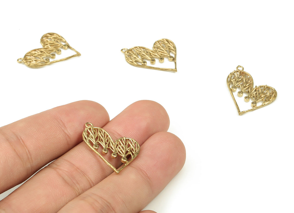 Brass Heart Earring Charms With Zircons - Raw Brass Branches Pendant - Earrings Finding - Jewelry Making Supplies - 25.28x21x1.8mm - PP4485 - DOMEDBAZAAR