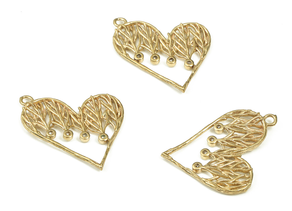 Brass Heart Earring Charms With Zircons - Raw Brass Branches Pendant - Earrings Finding - Jewelry Making Supplies - 25.28x21x1.8mm - PP4485 - DOMEDBAZAAR