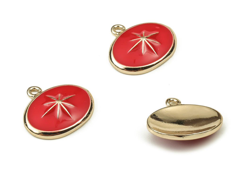 Brass Oval Earring Charms - Star Pendant – Oval Red Charm - 18K Real Gold Plated Brass - Jewelry Supplies - 13.23x12.08x1.05mm - RGP3738B - DOMEDBAZAAR