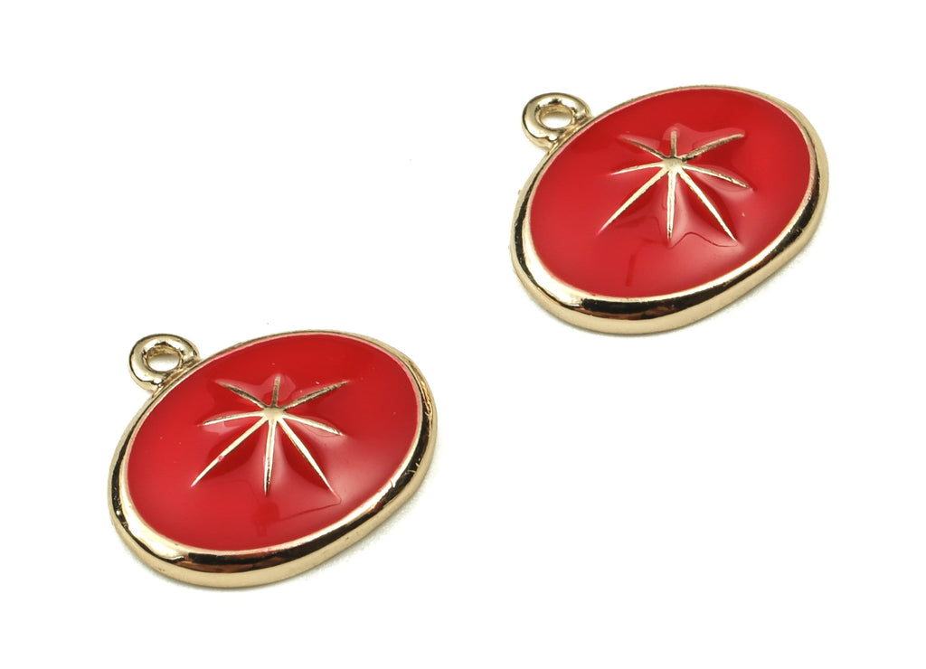 Brass Oval Earring Charms - Star Pendant – Oval Red Charm - 18K Real Gold Plated Brass - Jewelry Supplies - 13.23x12.08x1.05mm - RGP3738B - DOMEDBAZAAR