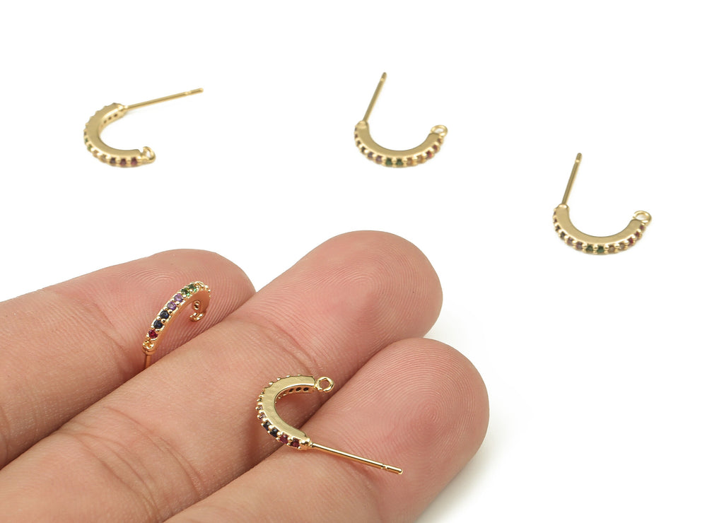 Brass C Earring Stud With Zircons - Gold Semicircle Earring Post - Brass Stud - 18K Real Gold Plated Brass – 11.28x1.08x1.56mm - RGP3776 - DOMEDBAZAAR