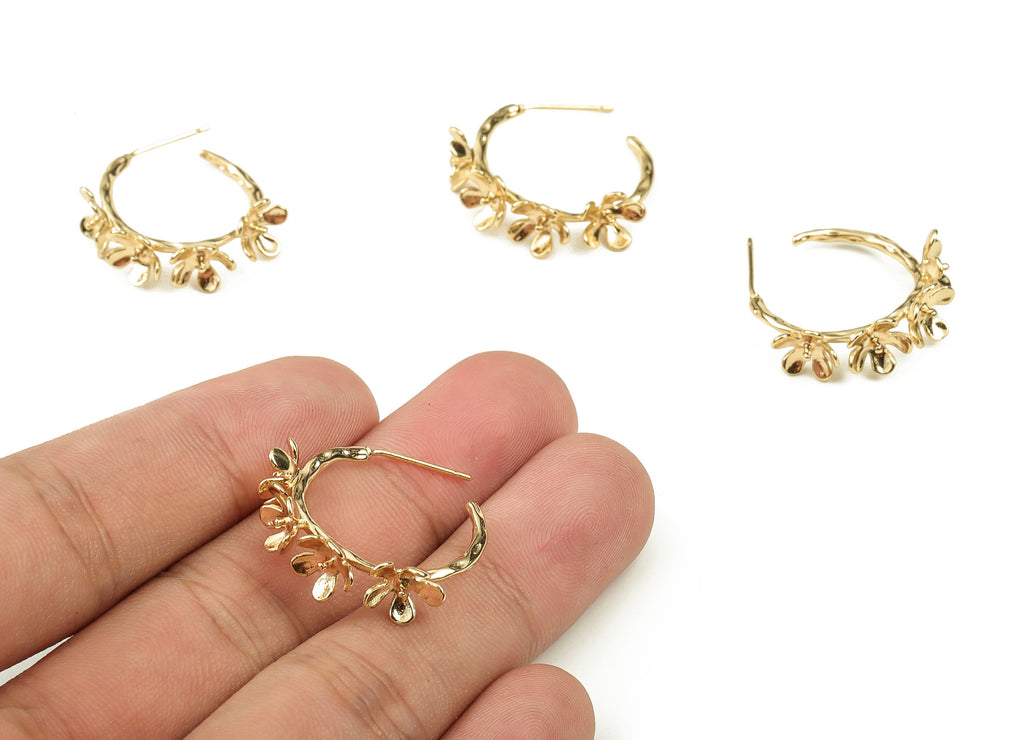 Brass C Earring Post - Gold Flower Earring Stud - 18K Real Gold Plated Brass - Brass Stud - Jewelry Supplies - 24.43x23.39x4.48mm - RGP3781 - DOMEDBAZAAR