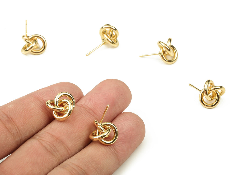 Brass Knot Stud Earrings – Triple Knot Rope Effect Post Earring - 18K Gold Plated Brass - Stainless Steel Stud- 13.08x13.08x2.02mm - RGP3407 - DOMEDBAZAAR